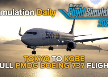 A Boeing 737-800 in Skymark Livery by PMDG in Microsoft Flight Simulator 2024 flying at sunset over the Akashi-Kaikyo Bridge with Simulation Daily and MSFS 2024 Logo and "Toyo to Kobe Full PMDG Boeing 737 Flight" title.
