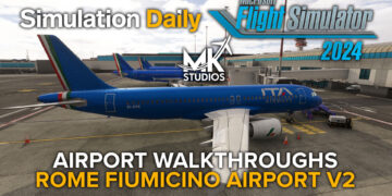 Airbus A320 in ITA Livery parked at Terminal 1 in Rome Fiumicino Airport by MK Studios in Microsoft Flight Simulator 2024 with MSFS 2024, Simulation Daily, and MK Studios logos and "Airport Walkthrough Rome Fiumicino Airport V2" title.