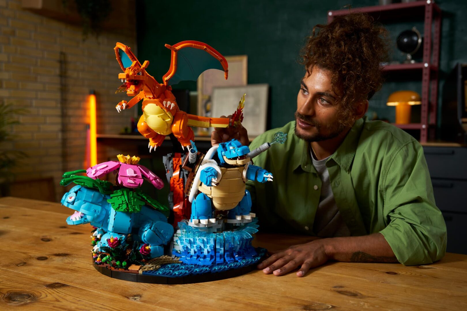 Lego Pokemon Venosaur, Charizard, and Blastoise set on base