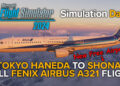 Airbus A321 by Fenix Simulations in ANA livery flying over the mountains of Yamagata prefecture in Japan bathed in sunset light with Microsoft Flight Simulator 2024 and Simulation Daily logo and "Tokyo Haneda to Shonai Full Fenix Airbus A321 Flight" title. A "New Free Airport!" indication points to "Shonai" with an arrow.
