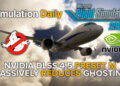 An Airbus A320neo in ANA Livery in Microsoft Flight Simulator 2024 with Simulation Daily, MSFS 2024, Ghostbusters, and Nvidia Logos, and "Nvidia DLSS 4.5 Preset M Massively Reduces Ghosting" title.