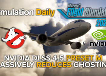 An Airbus A320neo in ANA Livery in Microsoft Flight Simulator 2024 with Simulation Daily, MSFS 2024, Ghostbusters, and Nvidia Logos, and "Nvidia DLSS 4.5 Preset M Massively Reduces Ghosting" title.