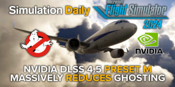 An Airbus A320neo in ANA Livery in Microsoft Flight Simulator 2024 with Simulation Daily, MSFS 2024, Ghostbusters, and Nvidia Logos, and "Nvidia DLSS 4.5 Preset M Massively Reduces Ghosting" title.