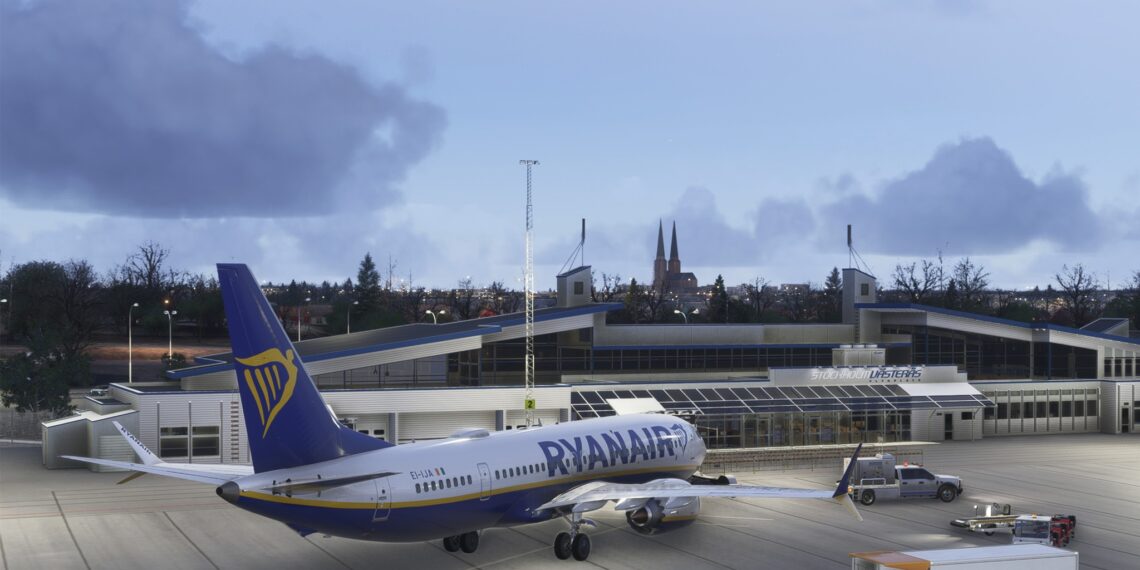A flight Simultion scene: A Ryanair Boeing 737 parked at Stockholm Västerås Airpoprt in Microsoft Flight Simulator