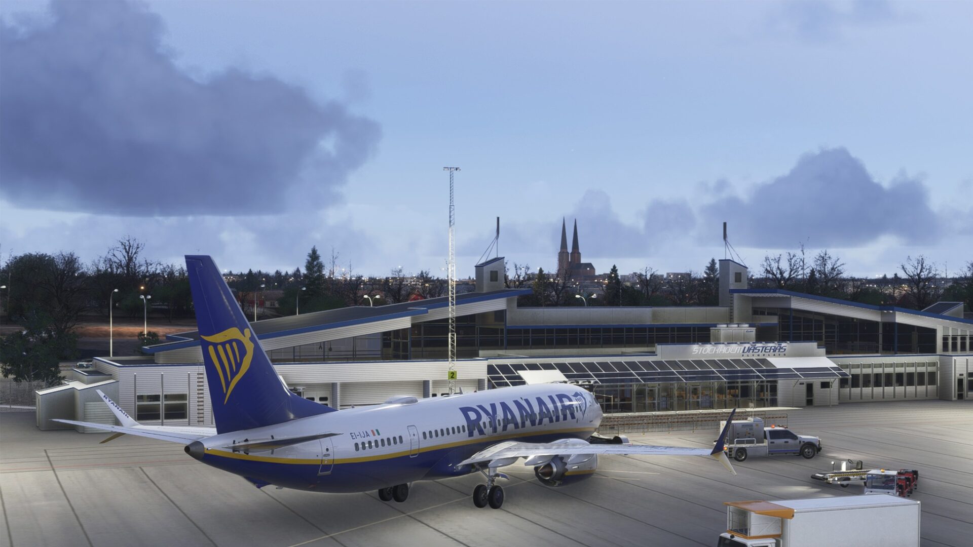A flight Simultion scene: A Ryanair Boeing 737 parked at Stockholm Västerås Airpoprt in Microsoft Flight Simulator