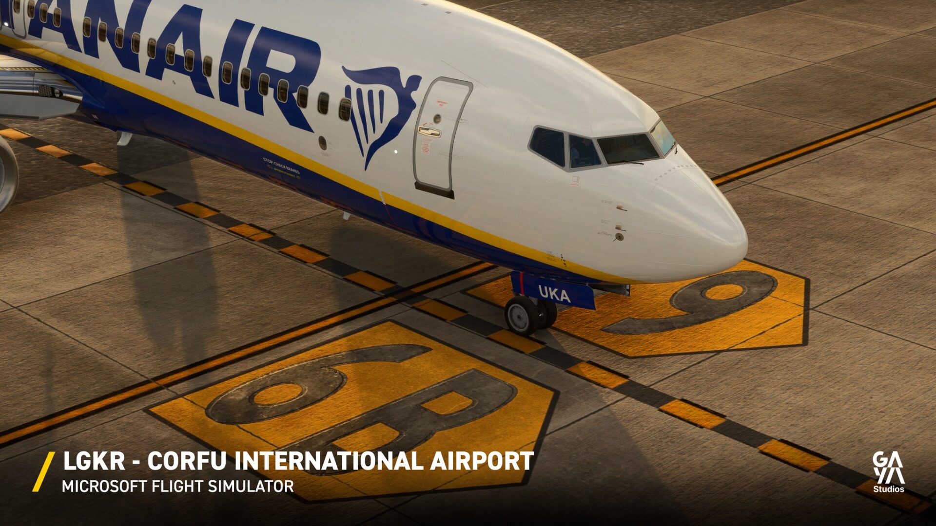 A flight simulation scene: Ryanair Boeing 737 at Corfu Airport for Microsoft Flight Simulator