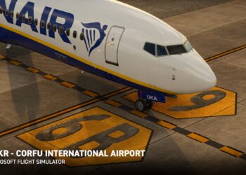 A flight simulation scene: Ryanair Boeing 737 at Corfu Airport for Microsoft Flight Simulator
