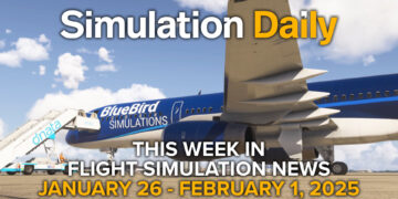 The Boeing 757 by Bluebird Simulations parked on the apron in Microsoft Flight Simulator 2024 with "This Week in Flight Simulation January 26 to February 1" title and Simulation Daily logo.